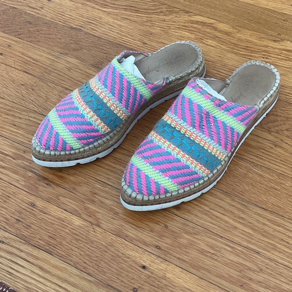 Free People Neon Pink & Blue Striped Slip-On Espadrille Mule